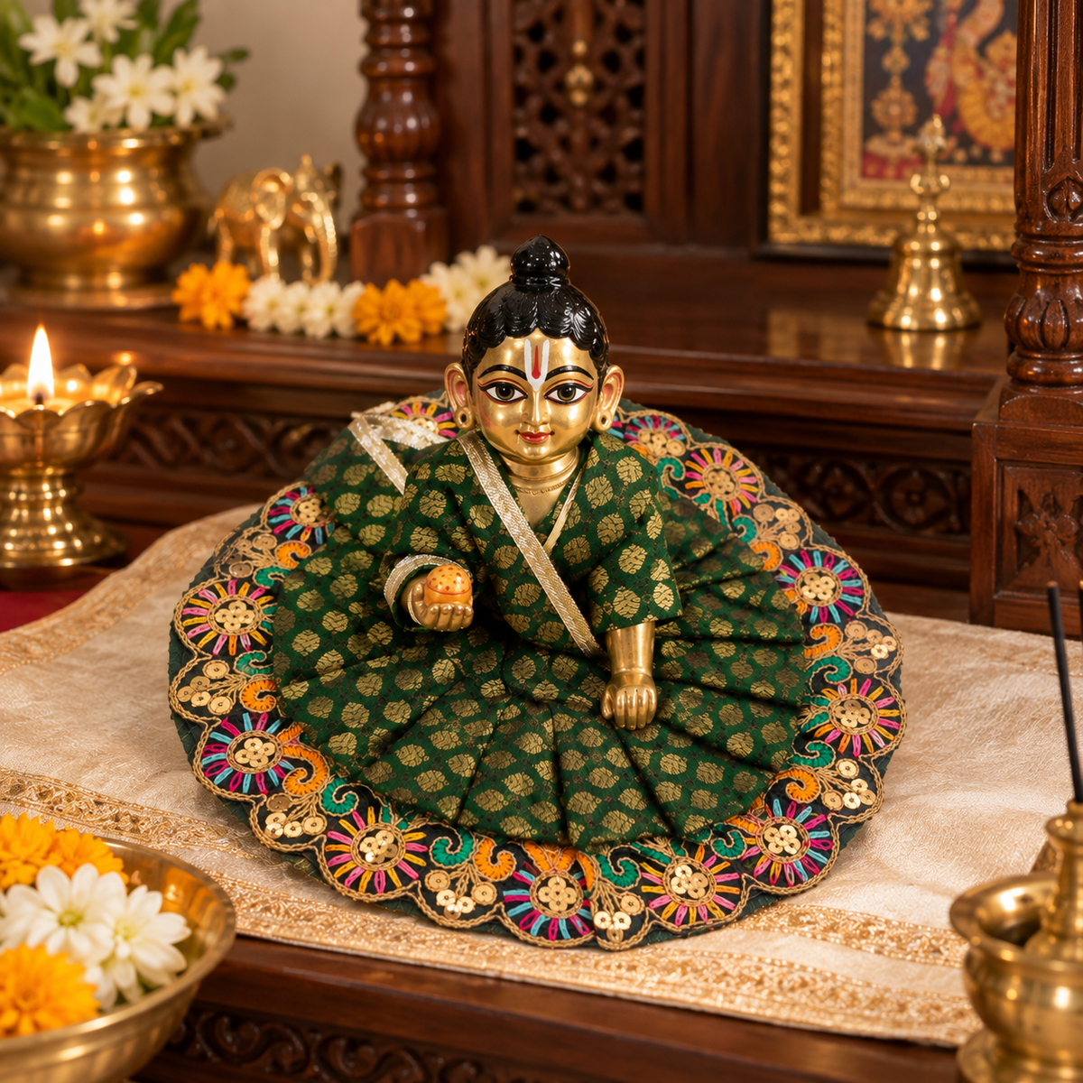 Green Embroidered Laddu Gopal Poshak