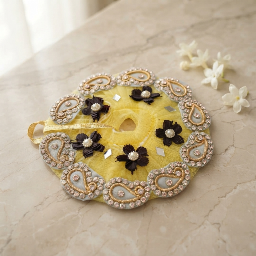 Lemon Net Embroidered Poshak for Laddu Gopal Ji