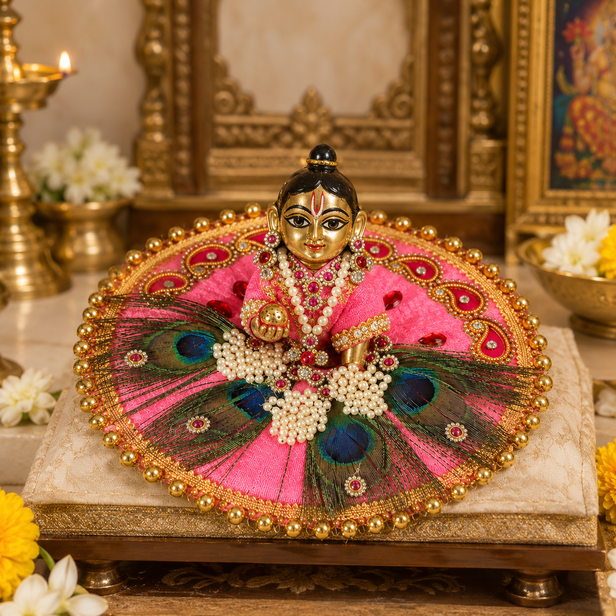 Peacock Feather Kundan Poshak for Laddu Gopal Ji